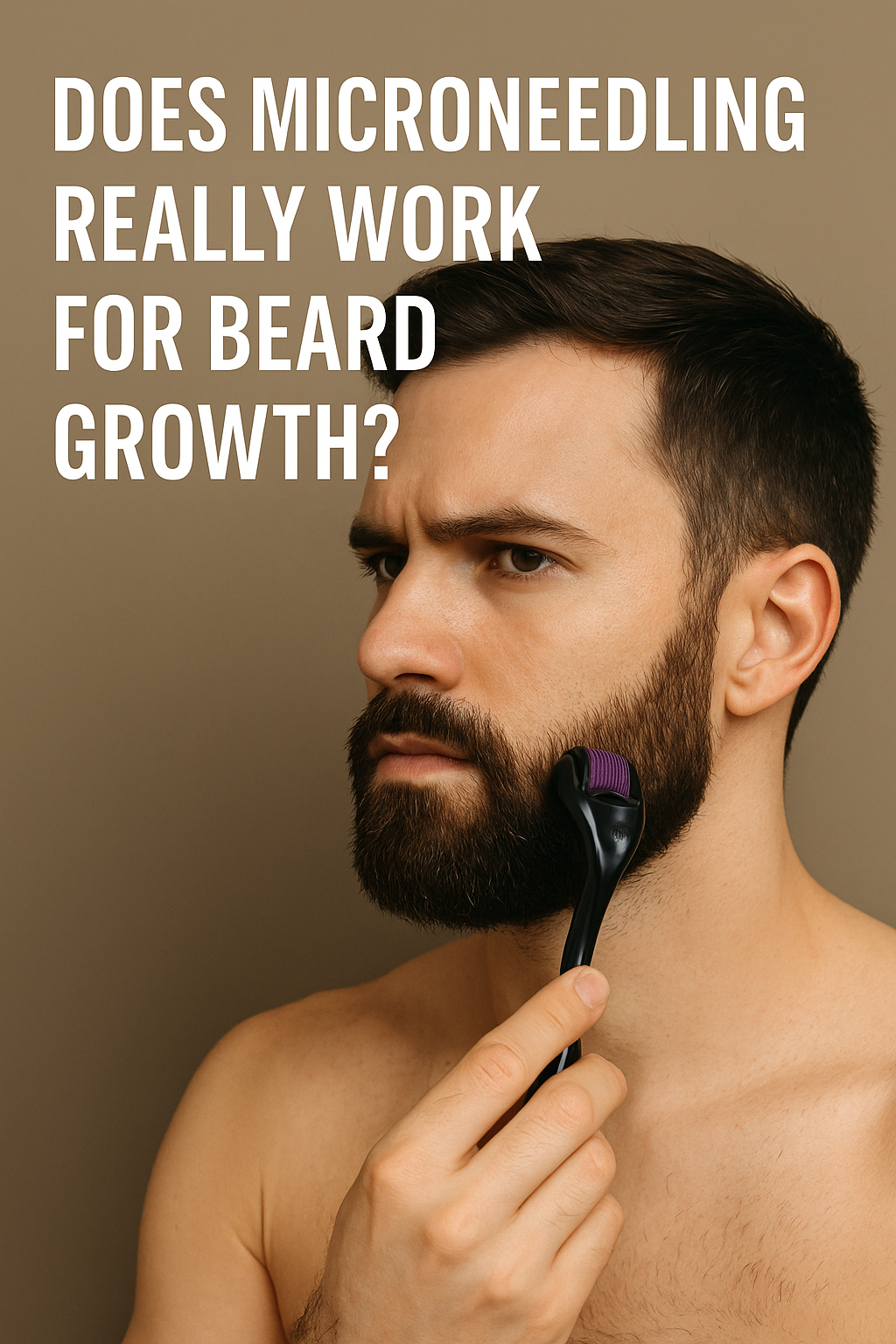 Bearded man holding a derma roller with bold text asking 'Does Microneedling Really Work for Beard Growth?' – visual for Vitalysse blog post explaining the science behind microneedling for facial hair growth.