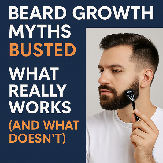 Graphic featuring a bearded man with text overlay 'Beard Growth Myths Busted: What Really Works (and What Doesn’t)' – educational visual for Vitalysse blog debunking common beard growth misconceptions.