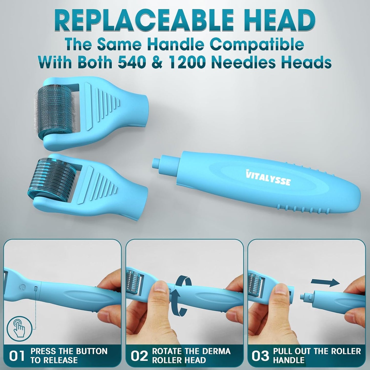 Derma Roller - Microneedle Roller with Replaceable Head for Men and Women - Derma Roller for Scalp and Body - Titanium Dermaroller (540 Needles)