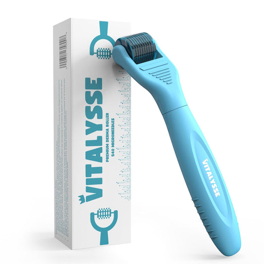 Using a derma roller under eyes to reduce dark circles, puffiness, and fine lines