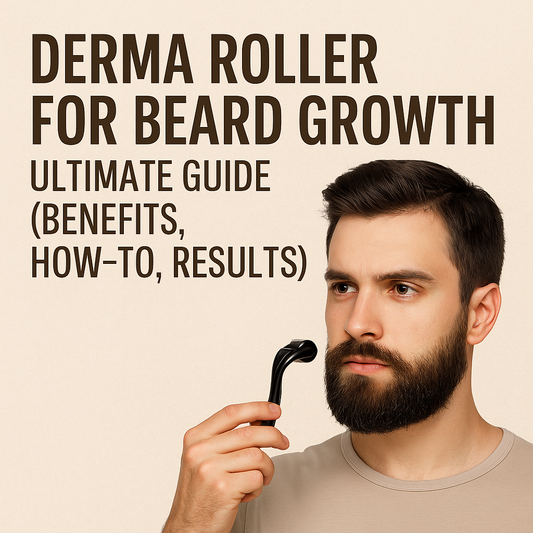 Man using a derma roller on his beard with text overlay 'Derma Roller for Beard Growth: Ultimate Guide (Benefits, How-To, Results)' – visual for Vitalysse blog post about microneedling and facial hair growth tips.