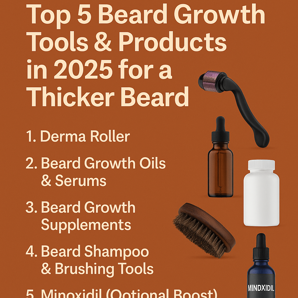 Infographic listing top 5 beard growth tools and products in 2025 for a thicker beard, including derma roller, beard oil, supplements, shampoo, and minoxidil – visual for Vitalysse beard care blog.