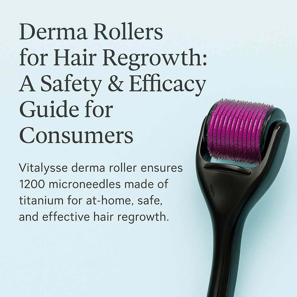 Vitalysse titanium derma roller for hair regrowth shown on scalp, CE certified microneedling tool for thicker, healthier hair