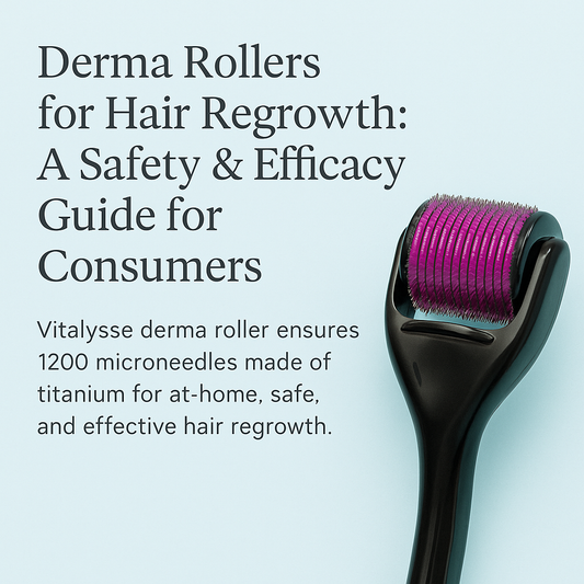 Vitalysse titanium derma roller for hair regrowth shown on scalp, CE certified microneedling tool for thicker, healthier hair