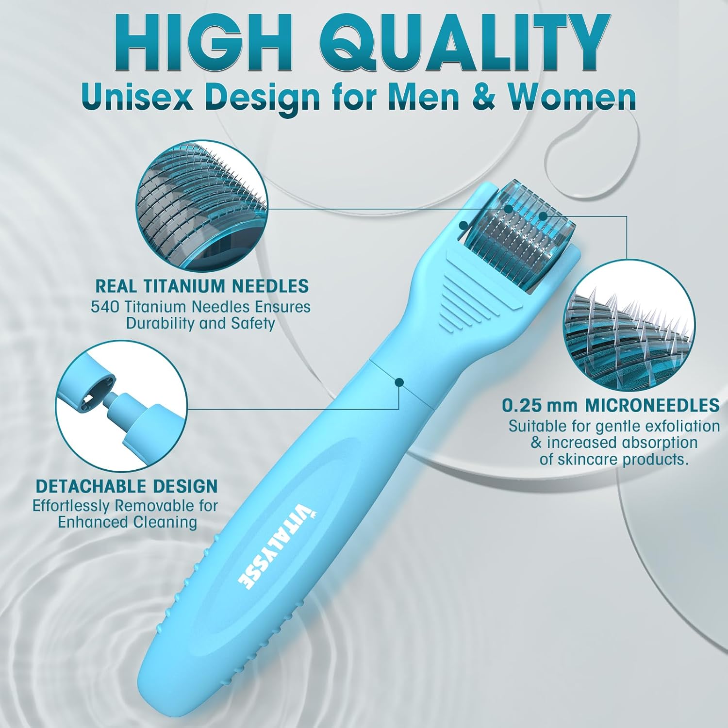 Derma Roller - Microneedle Roller with Replaceable Head for Men and Women - Derma Roller for Scalp and Body - Titanium Dermaroller (540 Needles)